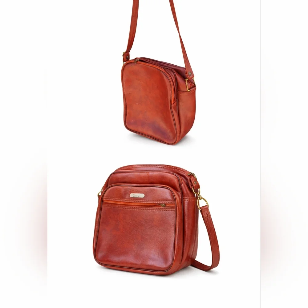 Vintage Jetliner Cognac Brown Leather Crossbody Bag Retro Travel Camera Purse